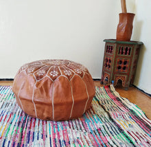 Load image into Gallery viewer, Hand Made Moroccan Pouf Tan Natural Genuine Leather