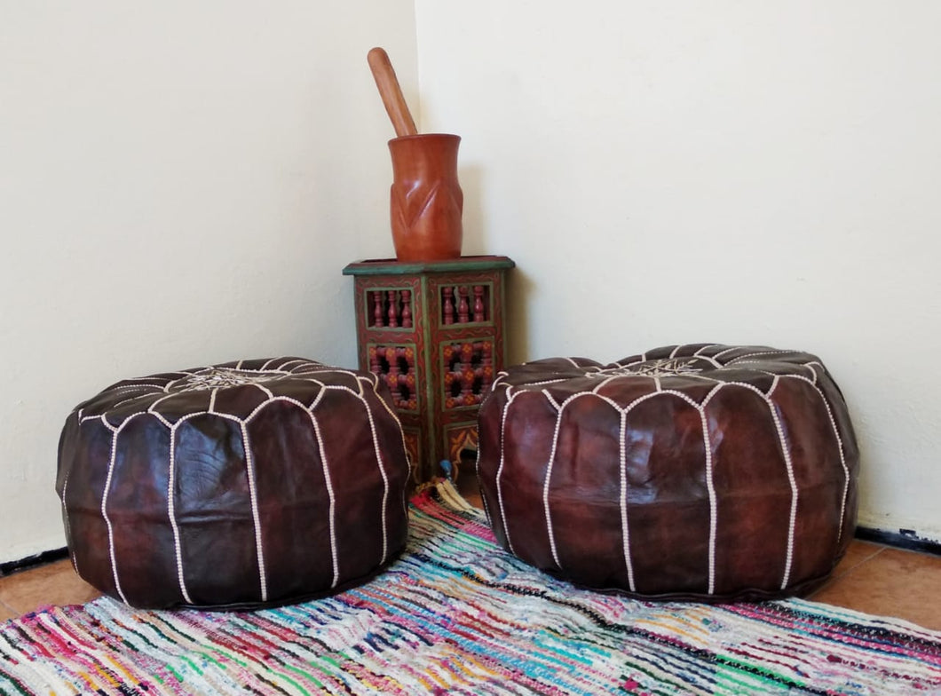 Hand Made Moroccan Pouf Dark Brown Natural Genuine Leather