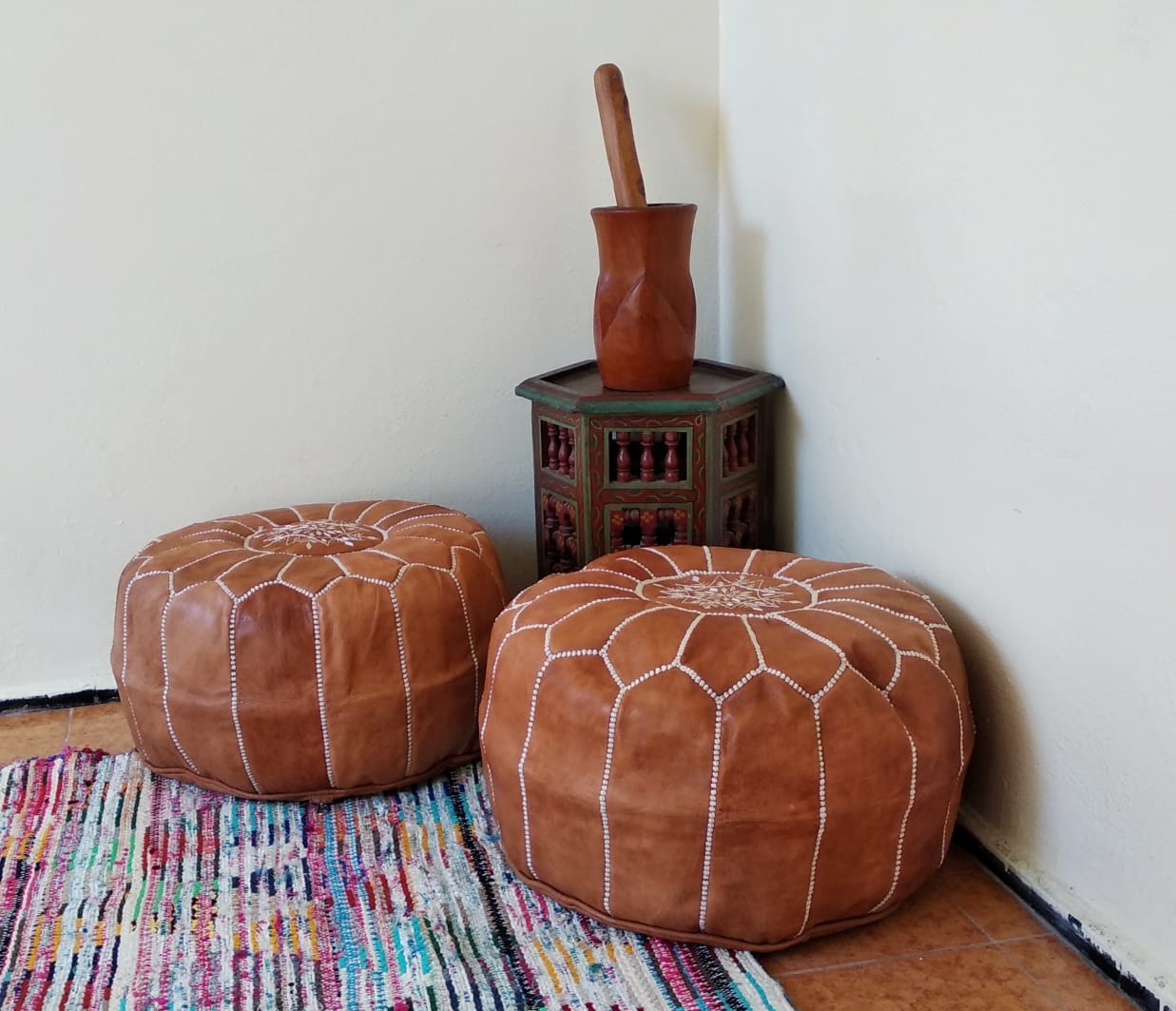 Natural online leather pouf