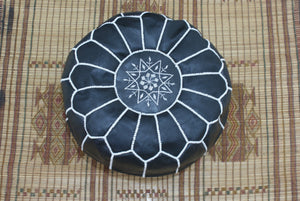 Hand Made Moroccan Pouf Black Natural Genuine Leather